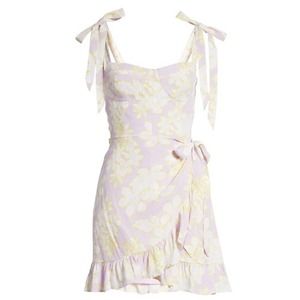 NWT WAYF purple and yellow floral wrap front dress with smocked back